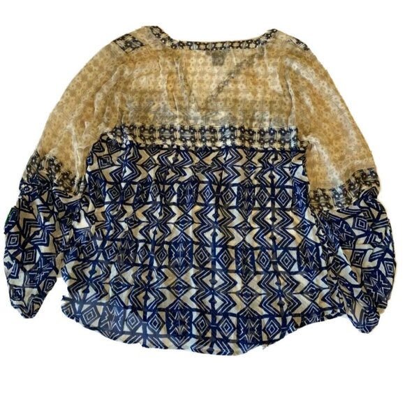 Lucky Brand Womens S Mixed Print Peasant Blouse 100% Rayon Blue & Beige - Picture 2 of 8